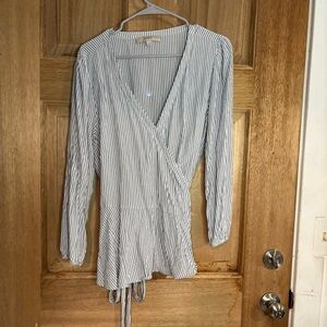 LOFT White and Navy Striped Wrap Blouse
